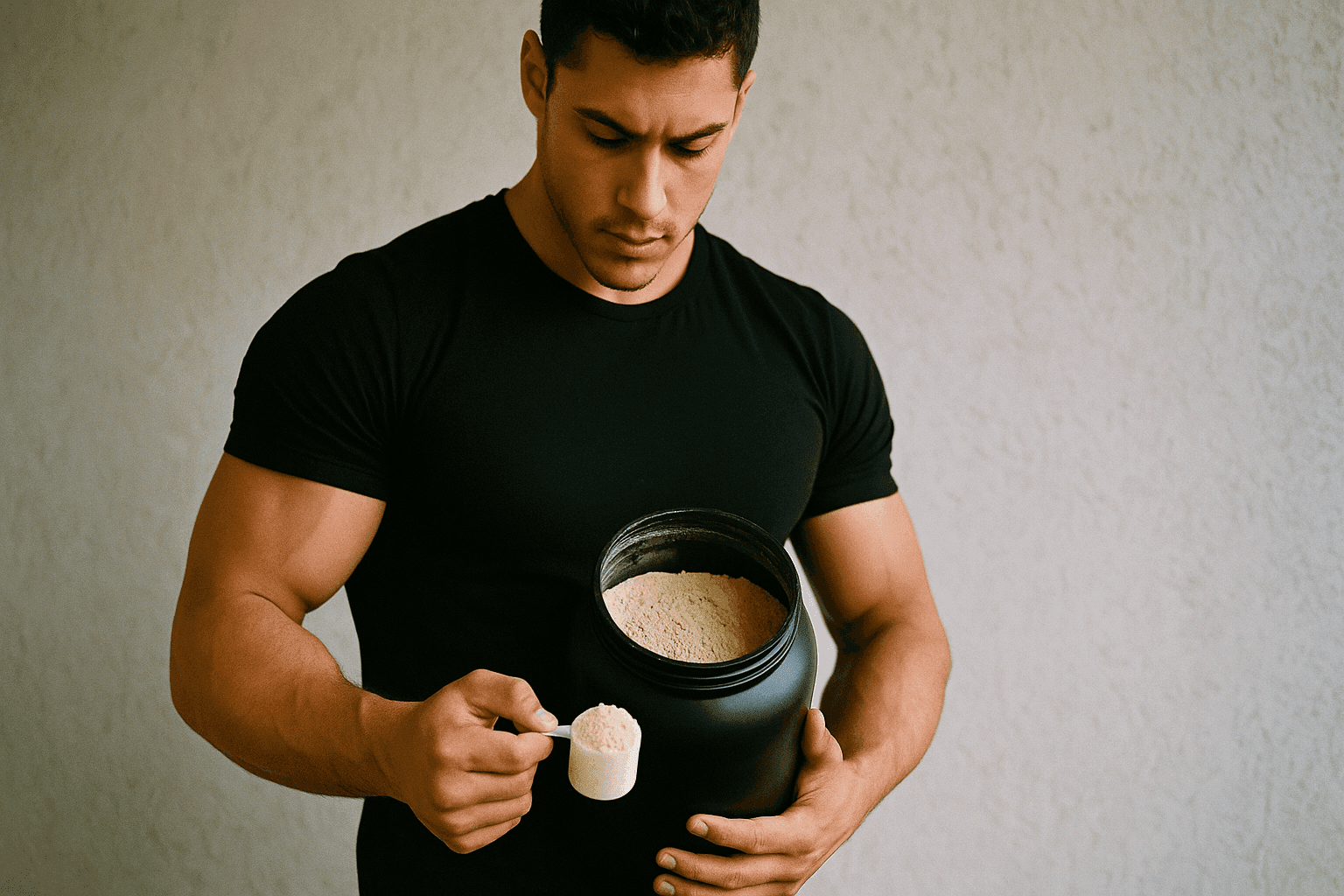 Protein tozu tutan siyah tişörtlü adam