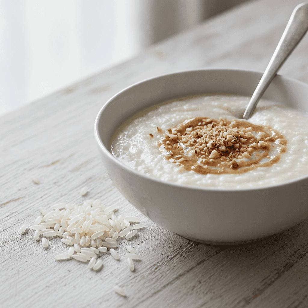 Bir kase pirinç kreması (cream of rice) ve yanında çiğ pirinç taneleri