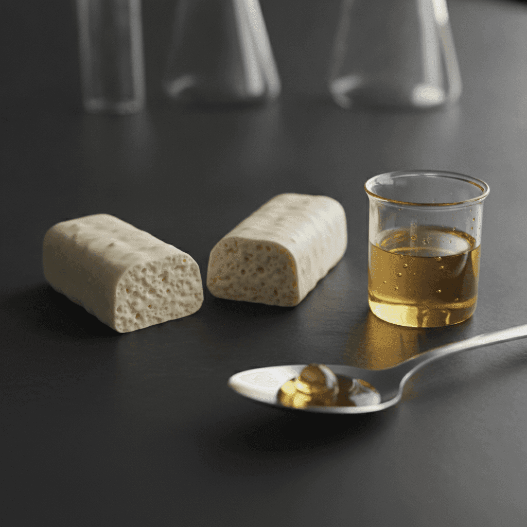 Ortadan kesilmiş markasız bir protein bar, yanında laboratuvar bardağında yağ ve üzerinde yağ damlası olan bir kaşık